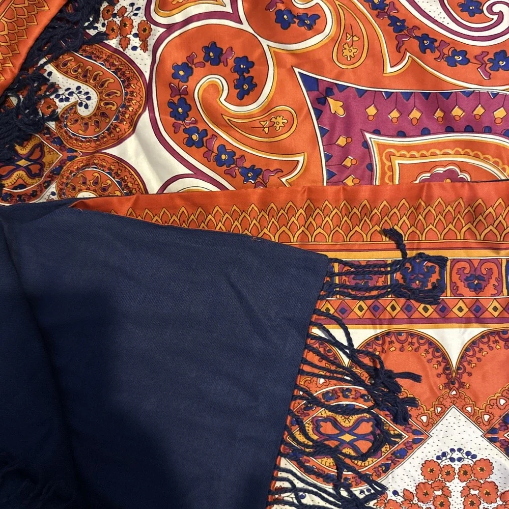 Pottery Barn Jess Scarf Print Throw Orange Navy Paisley Silk Fringe 50x60 Inch